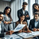 Grupo diverso de emprendedores analizando gráficos financieros en una sala de reuniones moderna.