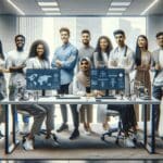 Equipo diverso de jóvenes emprendedores desarrollando tecnología médica en una oficina moderna con equipos digitales.