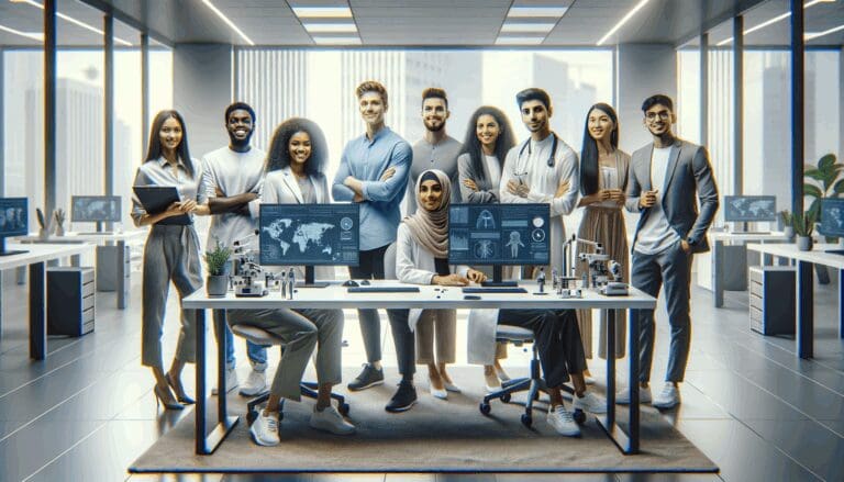 Equipo diverso de jóvenes emprendedores desarrollando tecnología médica en una oficina moderna con equipos digitales.