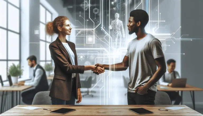 Dos emprendedores dándose la mano en un espacio moderno de coworking, con fondos abstractos tecnológicos.