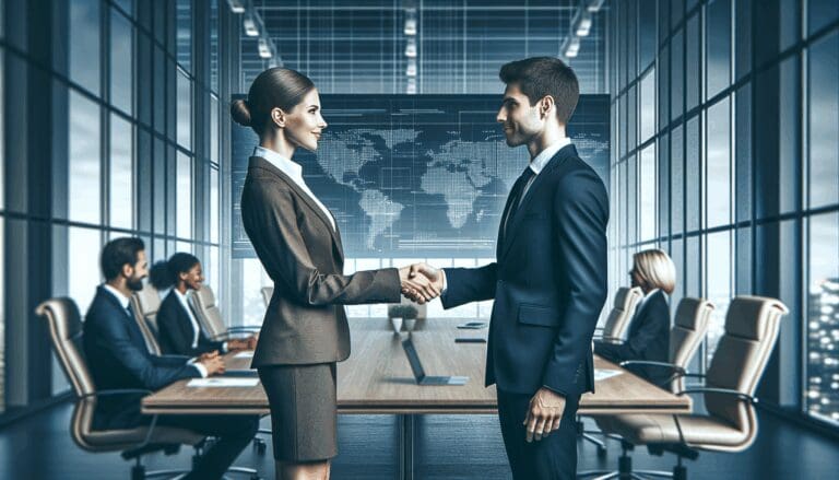 Dos profesionales de negocios estrechando manos en una sala de juntas moderna, con fondo de pantallas digitales y ambiente corporativo.