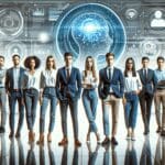 Equipo de jóvenes emprendedores frente a pantallas, rodeados de gráficos digitales de inteligencia artificial.