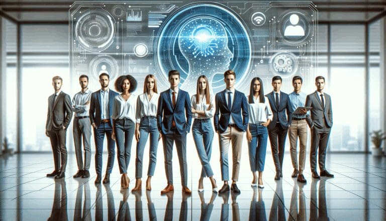 Equipo de jóvenes emprendedores frente a pantallas, rodeados de gráficos digitales de inteligencia artificial.