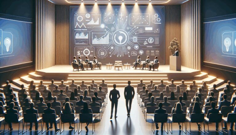 Fotografía vibrante de un auditorio moderno con fundadores presentando proyectos tecnológicos frente a un público atento.