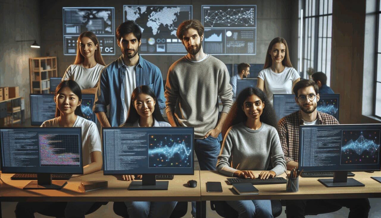 Plano medio de un equipo de jóvenes desarrolladores trabajando frente a pantallas con gráficos y fórmulas matemáticas en un espacio de coworking tecnológico.