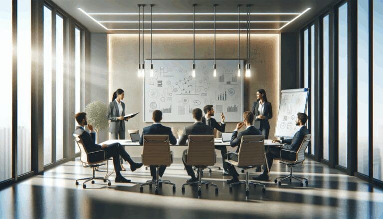 Sala de reuniones moderna con emprendedores discutiendo ideas frente a pizarras y dispositivos tecnológicos.