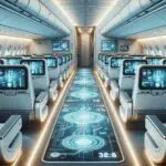 Interior de un avión moderno iluminado, mostrando pantallas digitales y ambiente tecnológico acorde al avance en inteligencia artificial.
