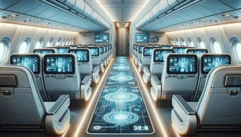 Interior de un avión moderno iluminado, mostrando pantallas digitales y ambiente tecnológico acorde al avance en inteligencia artificial.