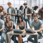 Equipo multicultural de jóvenes trabajando en un moderno espacio de coworking tecnológico.