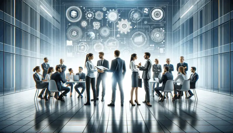 Equipo de ingenieros y empresarios discutiendo en un entorno tecnológico moderno.