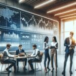 Equipo joven colaborando en una oficina moderna, pantallas con gráficos financieros de fondo, ambiente tecnológico.