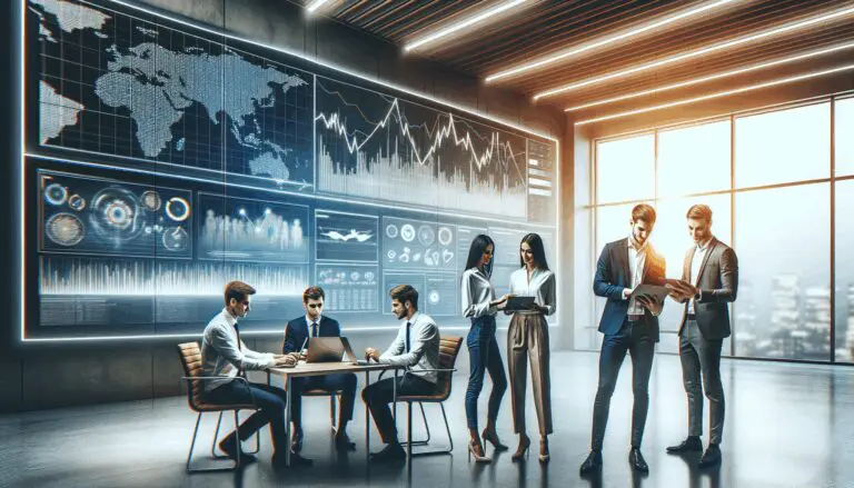 Equipo joven colaborando en una oficina moderna, pantallas con gráficos financieros de fondo, ambiente tecnológico.