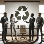 Equipo diverso de emprendedores presentando una solución ecológica en una sala de reuniones moderna y luminosa.