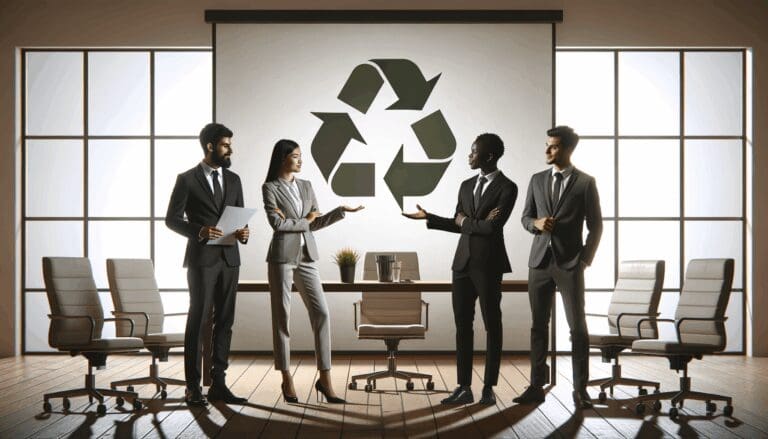 Equipo diverso de emprendedores presentando una solución ecológica en una sala de reuniones moderna y luminosa.