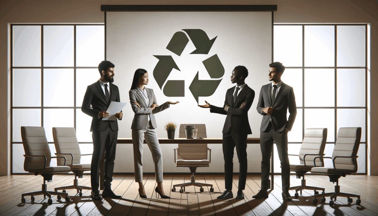 Equipo diverso de emprendedores presentando una solución ecológica en una sala de reuniones moderna y luminosa.