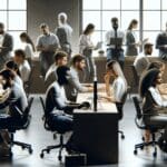 Personas colaborando en un espacio de coworking moderno, enfocadas en pantallas y trabajo creativo.