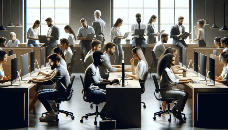 Personas colaborando en un espacio de coworking moderno, enfocadas en pantallas y trabajo creativo.