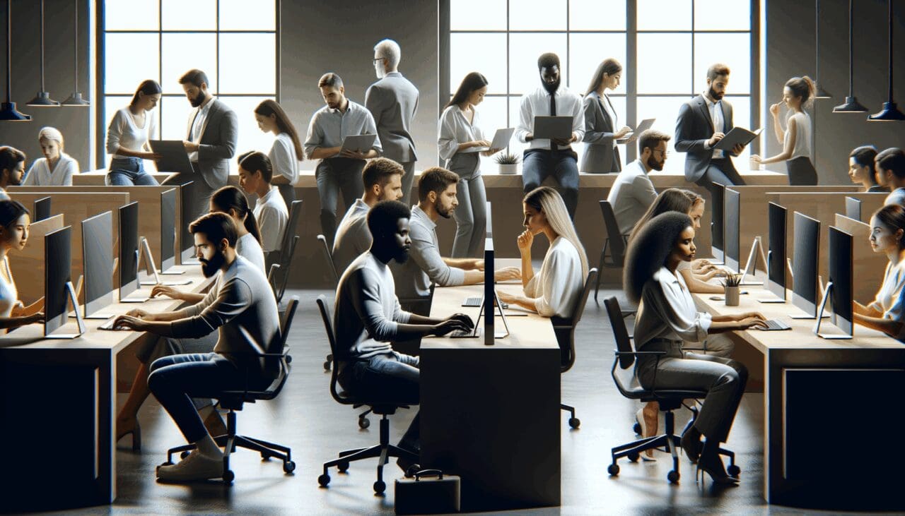 Personas colaborando en un espacio de coworking moderno, enfocadas en pantallas y trabajo creativo.