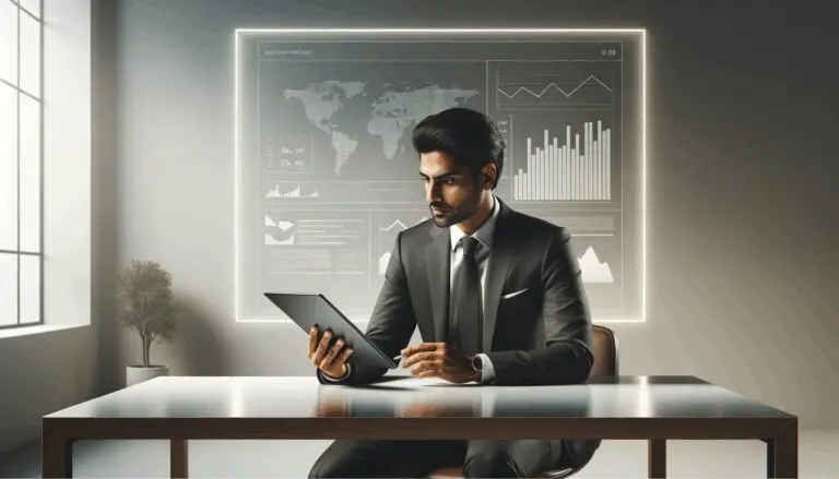 Persona revisando gráficos en una tablet digital sobre mesa moderna.