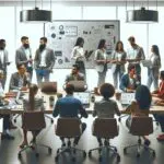 Grupo diverso de emprendedores colaborando en una oficina moderna con pizarras interactivas y laptops.