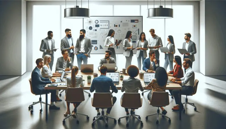 Grupo diverso de emprendedores colaborando en una oficina moderna con pizarras interactivas y laptops.