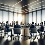 Salón moderno de conferencias lleno de emprendedores y líderes tecnológicos en conversación.