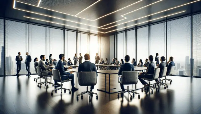 Salón moderno de conferencias lleno de emprendedores y líderes tecnológicos en conversación.