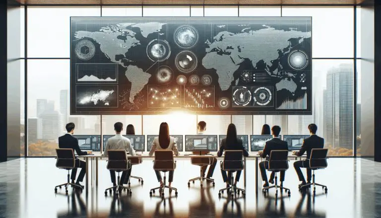 Equipo de profesionales trabaja frente a pantallas con visualizaciones de datos en una oficina moderna.