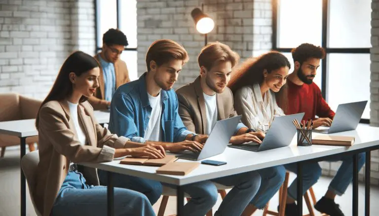 Personas jóvenes colaborando con laptops en un espacio de coworking moderno.