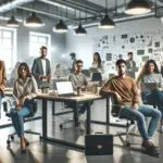 Jóvenes empresarios latinoamericanos reunidos en un moderno espacio de coworking, con laptops y pizarras al fondo.