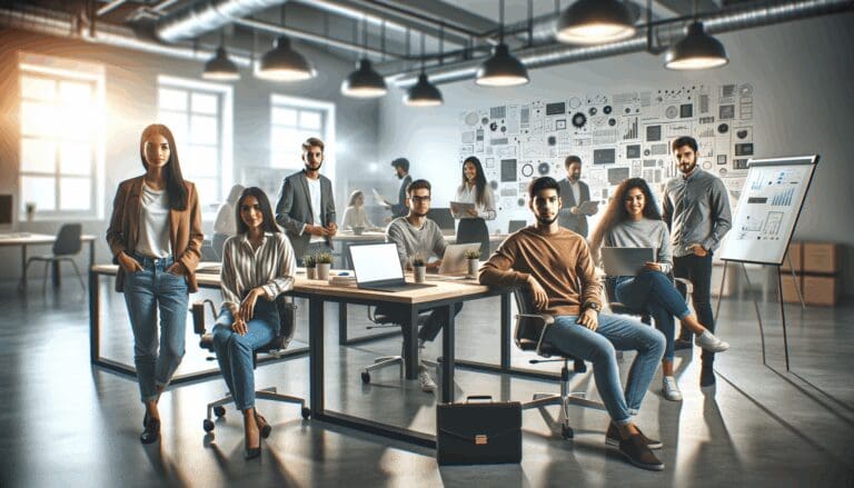 Jóvenes empresarios latinoamericanos reunidos en un moderno espacio de coworking, con laptops y pizarras al fondo.