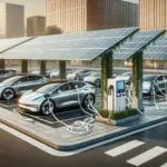 Coches eléctricos estacionados y conectados, rodeados de modernos paneles solares en un entorno urbano.