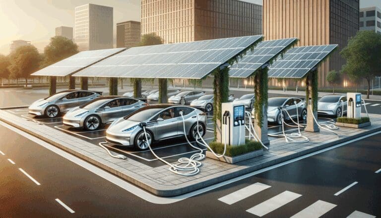 Coches eléctricos estacionados y conectados, rodeados de modernos paneles solares en un entorno urbano.