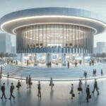 Pabellón moderno en una exposición internacional tecnológicamente avanzada