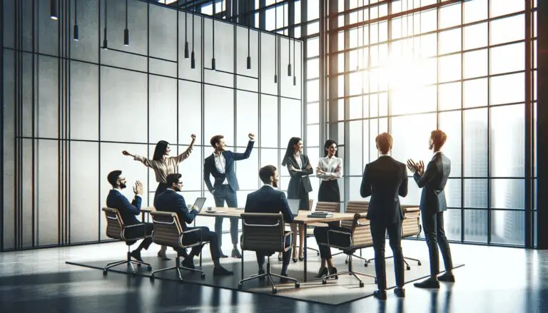 Grupo de emprendedores colaborando en una sala de conferencias moderna.