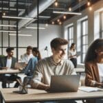Jóvenes emprendedores trabajando en un espacio de coworking moderno.