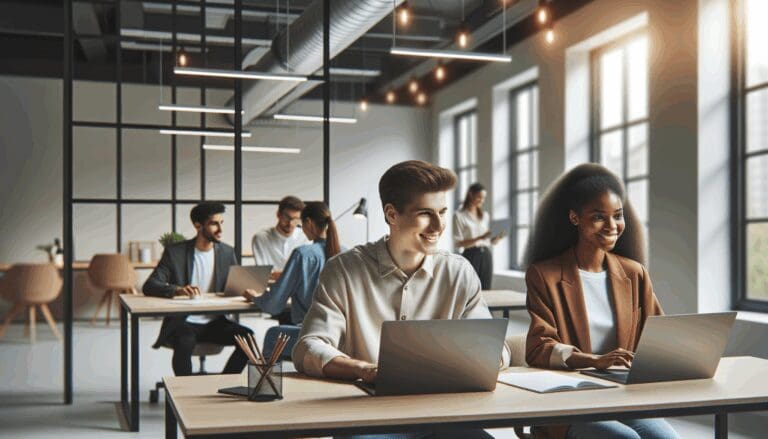 Jóvenes emprendedores trabajando en un espacio de coworking moderno.
