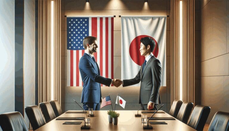 Dos líderes de negocios estrechando manos en una sala de reuniones moderna, fondo con banderas de Estados Unidos y Japón.