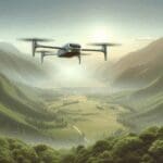 Coche volador eVTOL Jetson One sobrevolando un paisaje montañoso y verde, ambiente tecnológico.