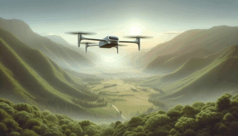 Coche volador eVTOL Jetson One sobrevolando un paisaje montañoso y verde, ambiente tecnológico.