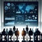 Siluetas de emprendedores en una sala de juntas moderna, pantalla digital mostrando gráficos tecnológicos al fondo.