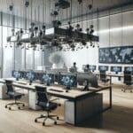 Oficina moderna con equipos tecnológicos y ambiente colaborativo.