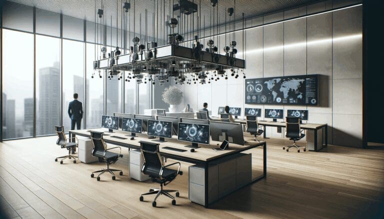 Oficina moderna con equipos tecnológicos y ambiente colaborativo.