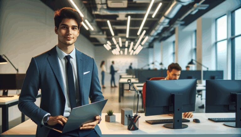 Joven profesional trabajando en un espacio de coworking con equipos tecnológicos.