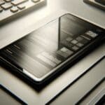 Primer plano de un teléfono móvil moderno sobre una mesa de trabajo tecnológica.