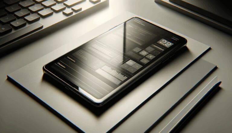 Primer plano de un teléfono móvil moderno sobre una mesa de trabajo tecnológica.