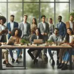 Grupo de jóvenes emprendedores colaborando en mesas de trabajo en un espacio moderno rodeado de naturaleza.