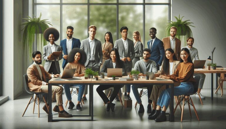 Grupo de jóvenes emprendedores colaborando en mesas de trabajo en un espacio moderno rodeado de naturaleza.