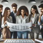 Jóvenes profesionales analizando un plano arquitectónico digital en un moderno coworking.