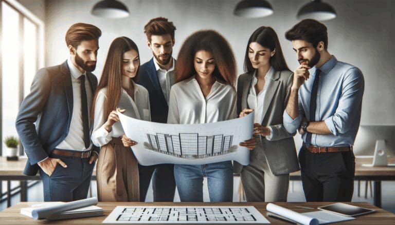 Jóvenes profesionales analizando un plano arquitectónico digital en un moderno coworking.